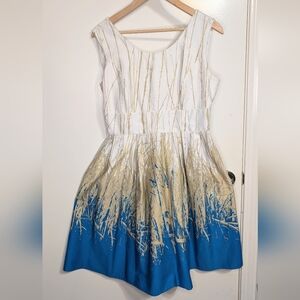 Marvin Richards White Blue Abstract Print Fit & Flare Dress Pockets Size 8